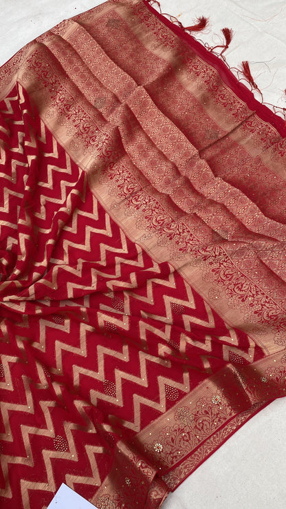 Red Handloom Pure Chiffon Banarasi Saree by Shades Of Benares - banarasi - banarasi saree shop