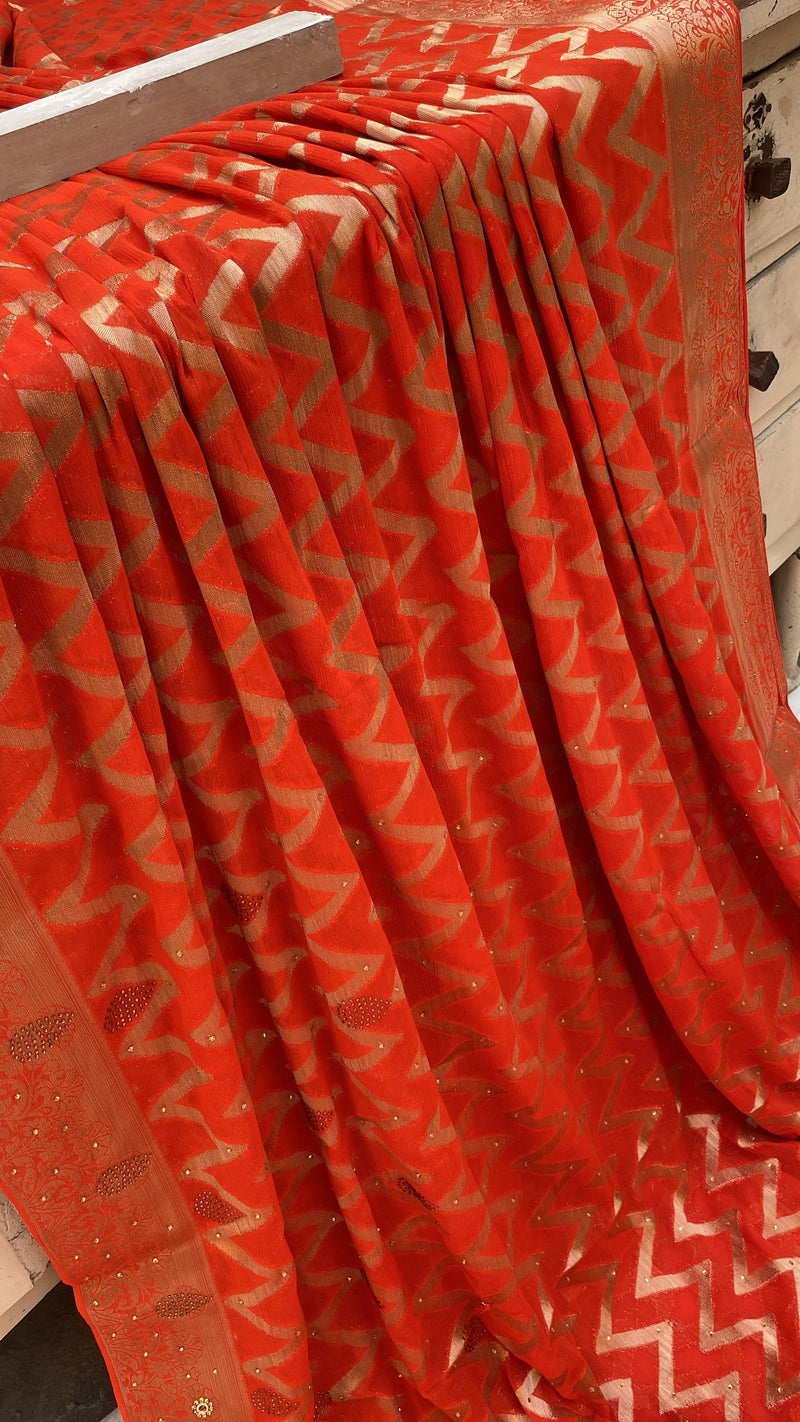 Orange Handloom Pure Chiffon Banarasi Saree