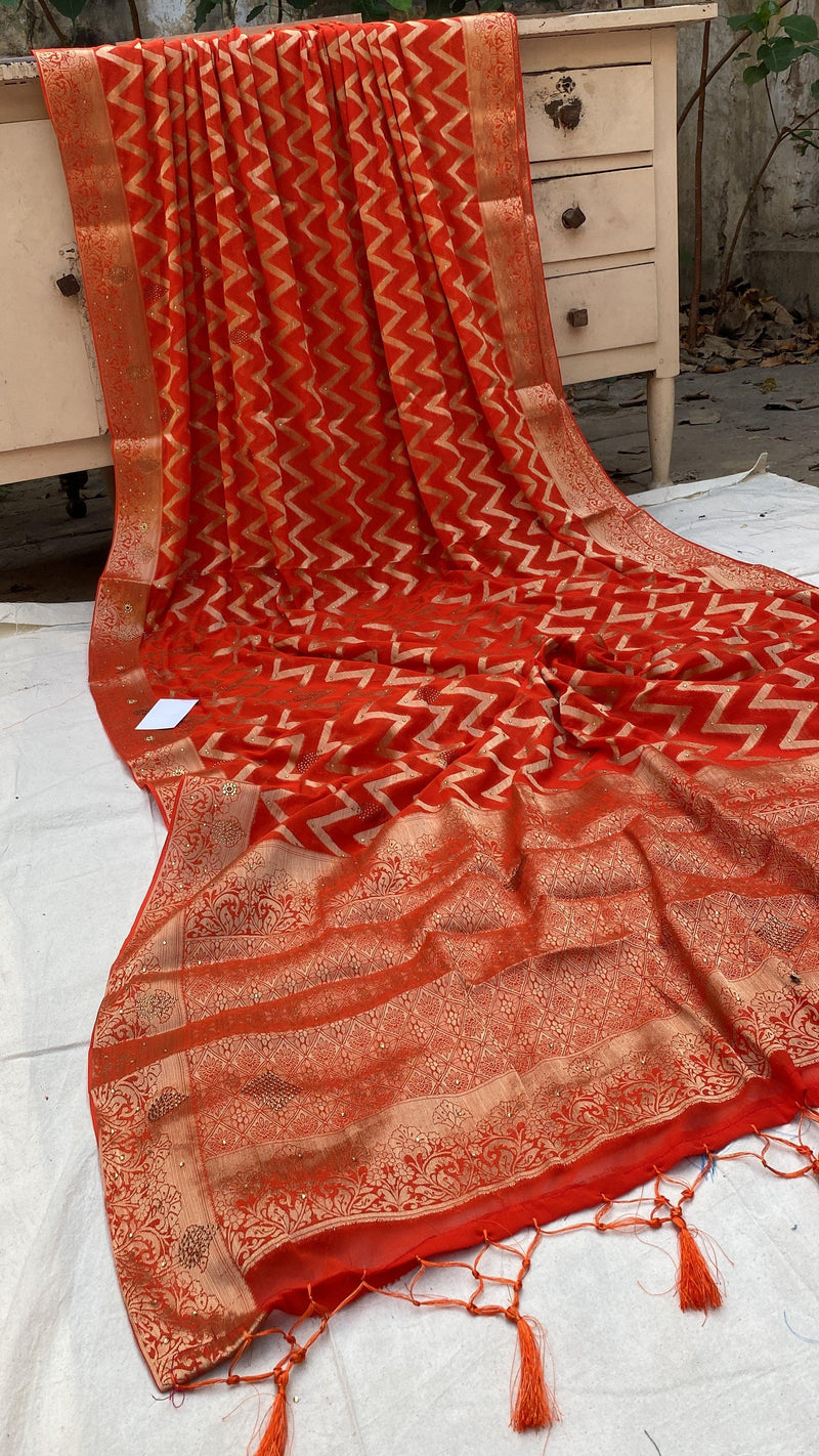 Orange Handloom Pure Chiffon Banarasi Saree - Shades Of Benares