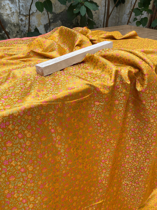 Yellow Handloom Pure Katan Silk Brocade Banarasi Fabric by Shades Of Benares - banarasi - banarasi saree shop