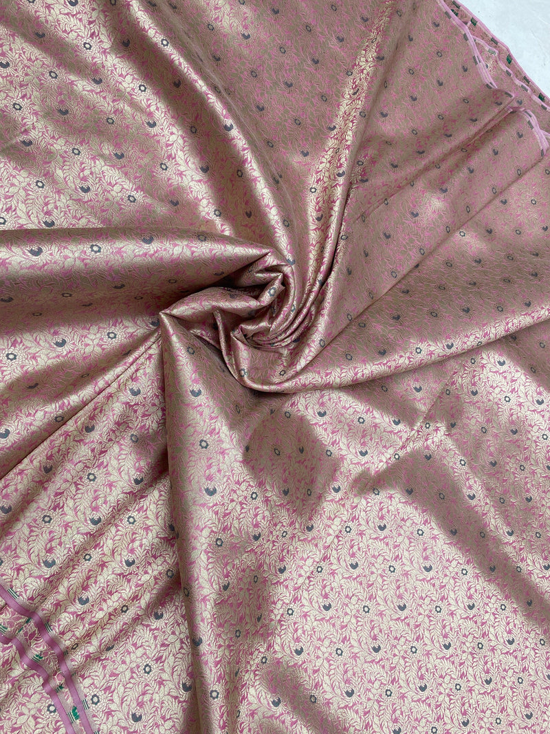 Peach Handloom Pure Katan Silk Brocade Banarasi Fabric