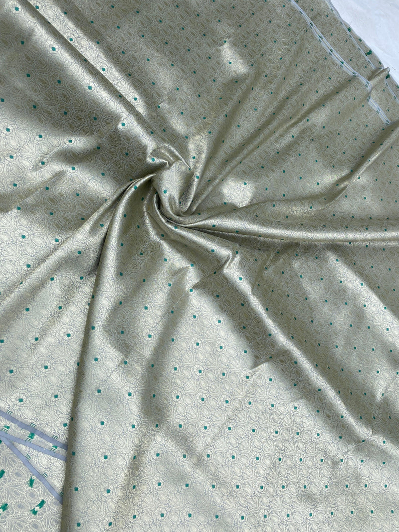 Green Handloom Pure Katan Silk Brocade Banarasi Fabric - Shades Of Benares