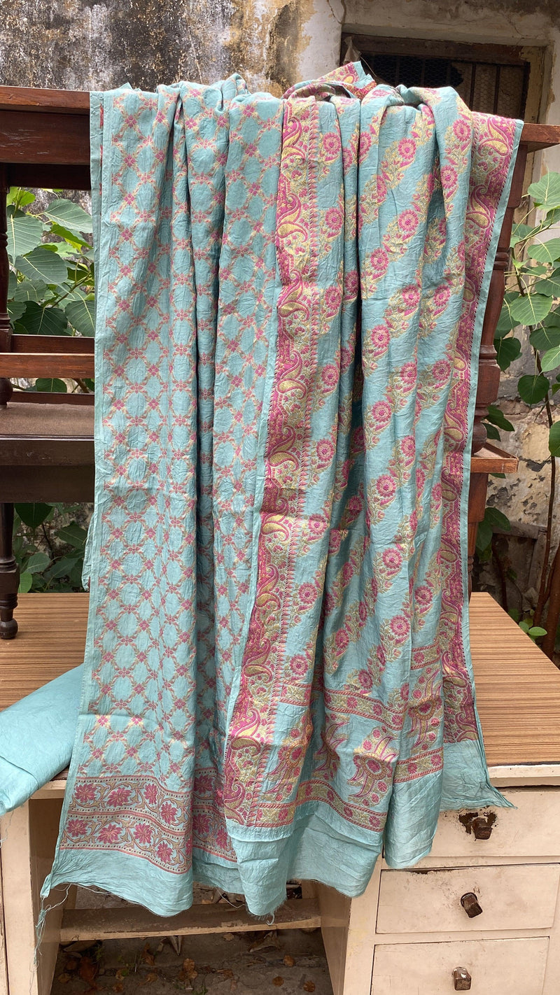 Blue Handloom Pure Chiffon Banarasi 3 pcs ladies suit by Shades Of Benares - banarasi - banarasi saree shop