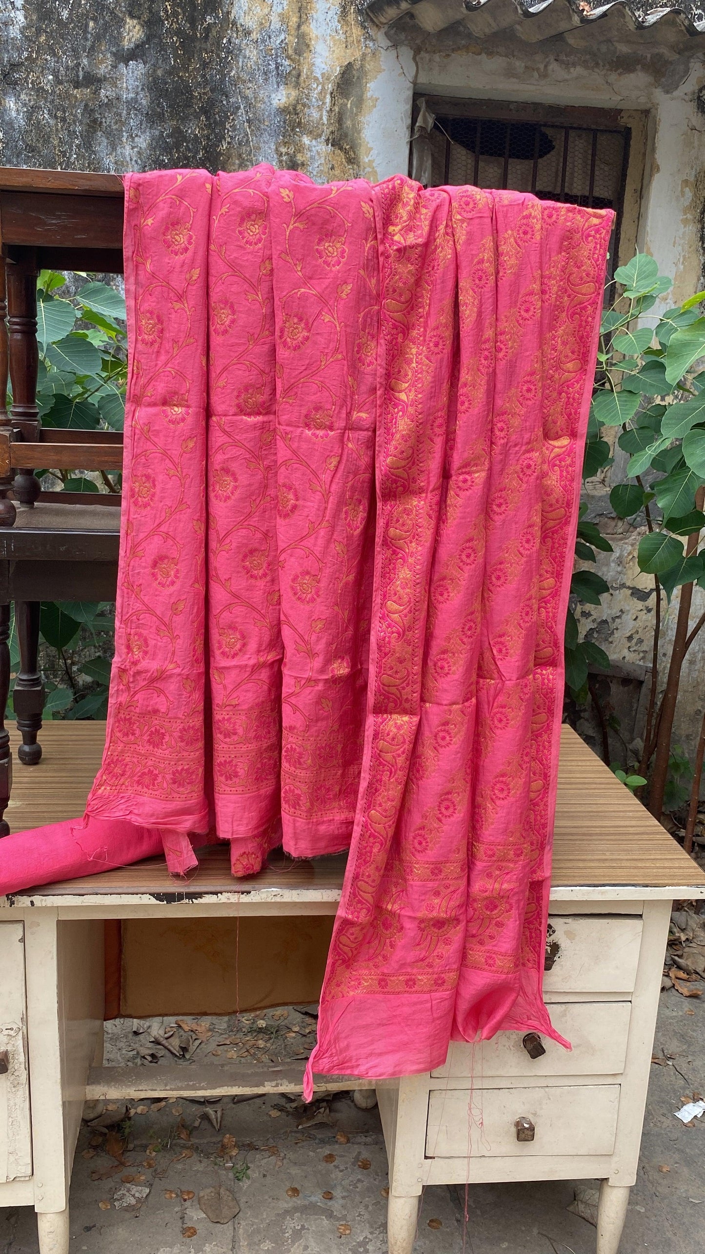 Pink Handloom Pure Chiffon Banarasi 3 pcs ladies suit by Shades Of Benares - banarasi - banarasi saree shop