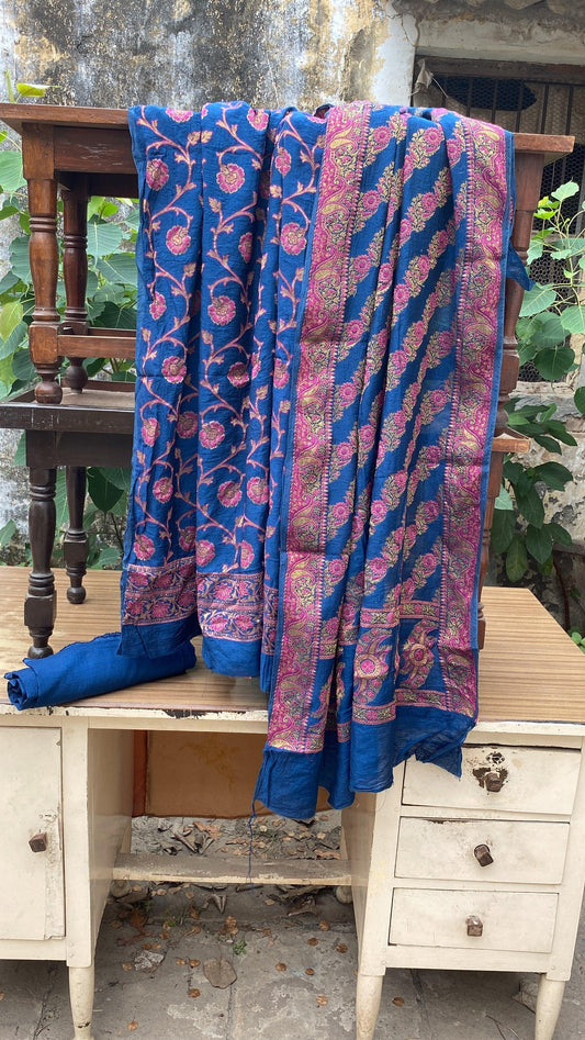 Blue Handloom Pure Chiffon Banarasi 3 pcs ladies suit by Shades Of Benares - banarasi - banarasi saree shop