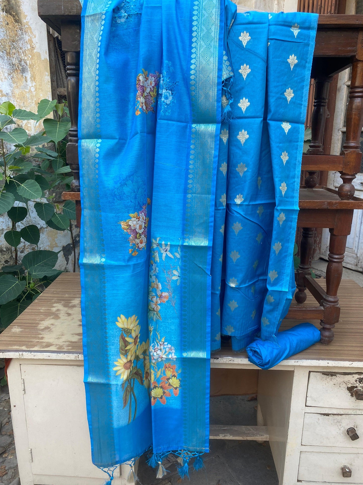 Blue Handloom Pure Cotton Banarasi 3 pcs ladies suit by Shades Of Benares - banarasi - banarasi saree shop