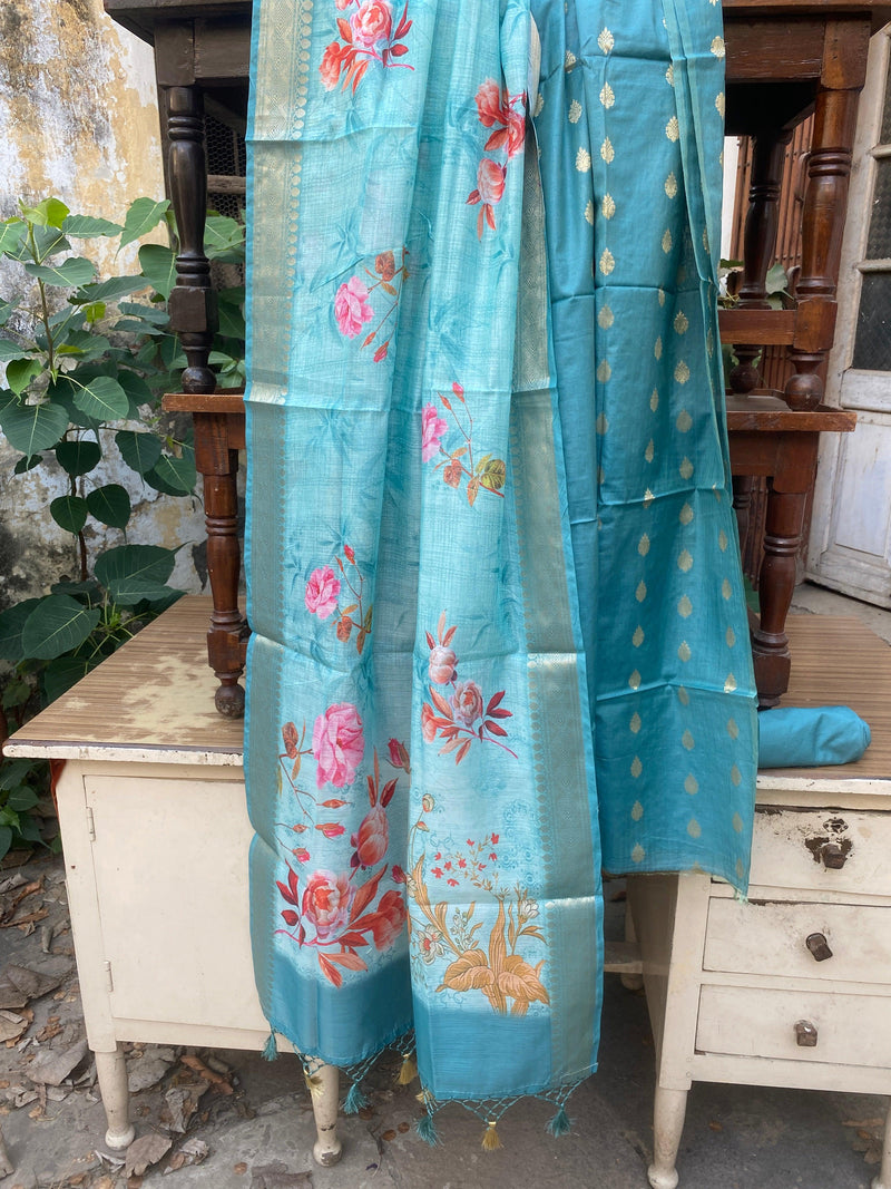Blue Handloom Pure Cotton Banarasi 3 pcs ladies suit by Shades Of Benares - banarasi - banarasi saree shop