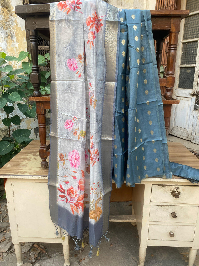 Grey Handloom Pure Cotton Banarasi 3 pcs ladies suit - Shades Of Benares