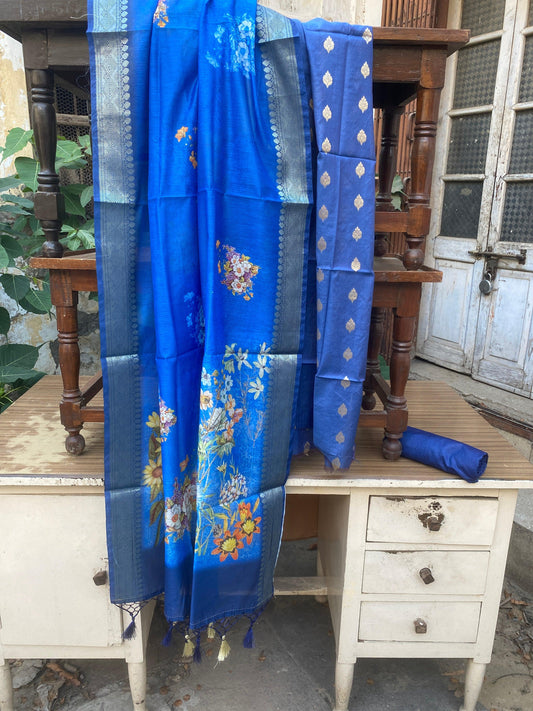 Blue Handloom Pure Cotton Banarasi 3 pcs ladies suit by Shades Of Benares - banarasi - banarasi saree shop