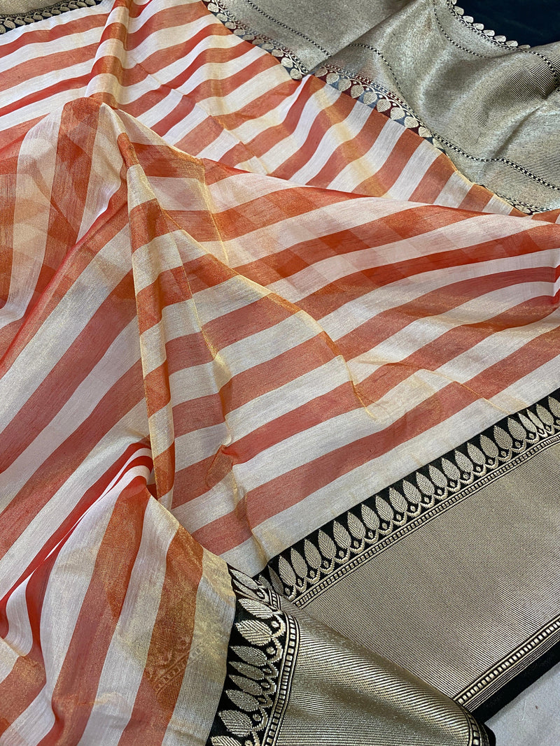 Orange Striped Pure Banarasi Katan Tissue Silk handloom saree by Shades Of Benares - banarasi - banarasi saree shop