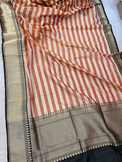 Orange Striped Pure Banarasi Katan Tissue Silk handloom saree by Shades Of Benares - banarasi - banarasi saree shop