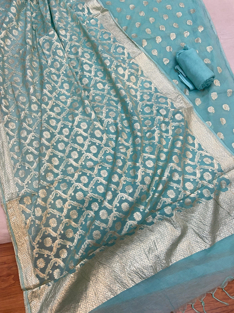 Blue Pure Banarasi Cotton Silk Handloom 3 Pcs Ladies Suit by Shades Of Benares - banarasi - banarasi saree shop