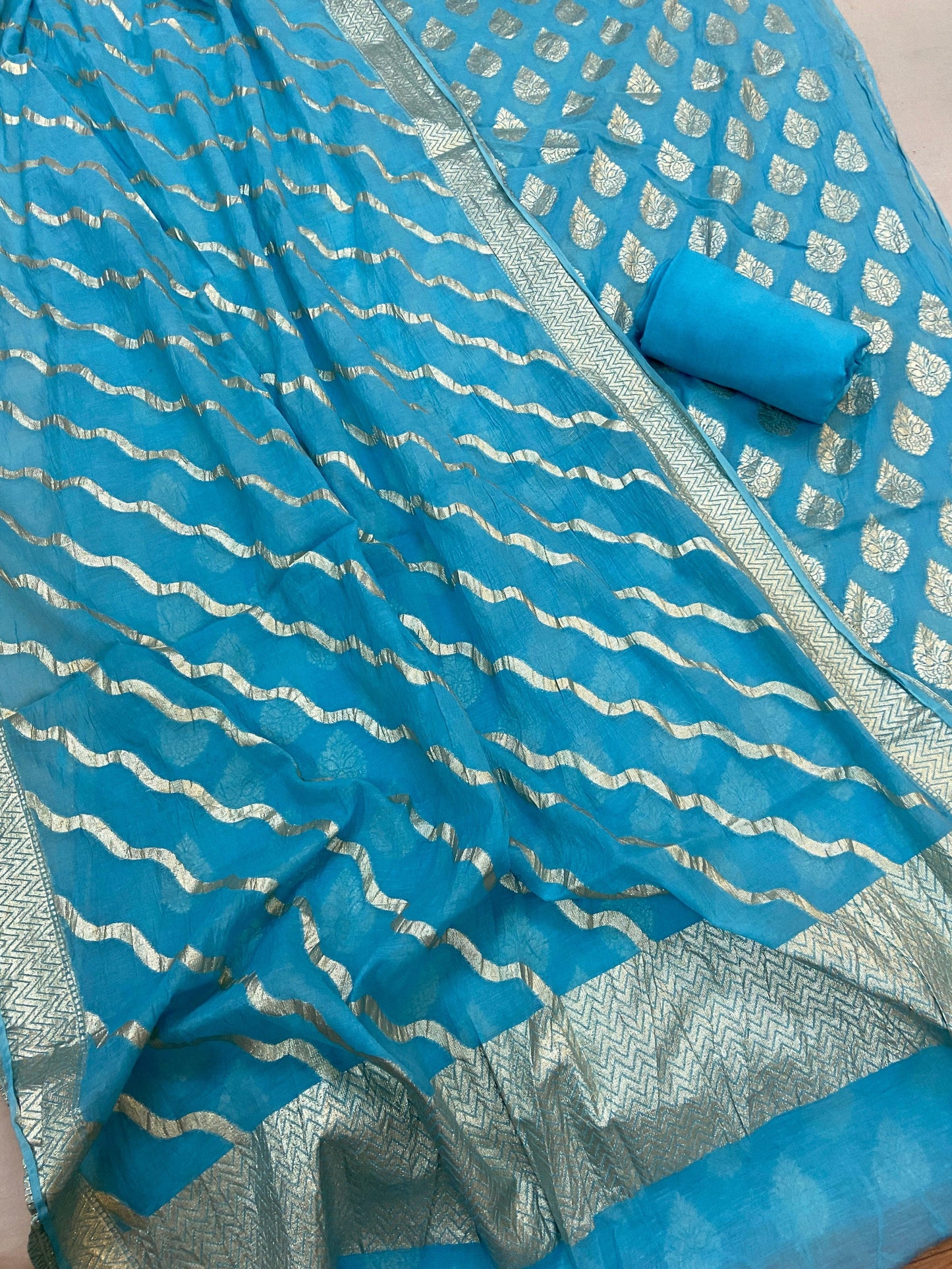 Blue Pure Banarasi Cotton Silk Handloom 3 Pcs Ladies Suit by Shades Of Benares - banarasi - banarasi saree shop