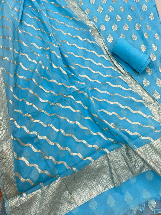 Blue Pure Banarasi Cotton Silk Handloom 3 Pcs Ladies Suit by Shades Of Benares - banarasi - banarasi saree shop