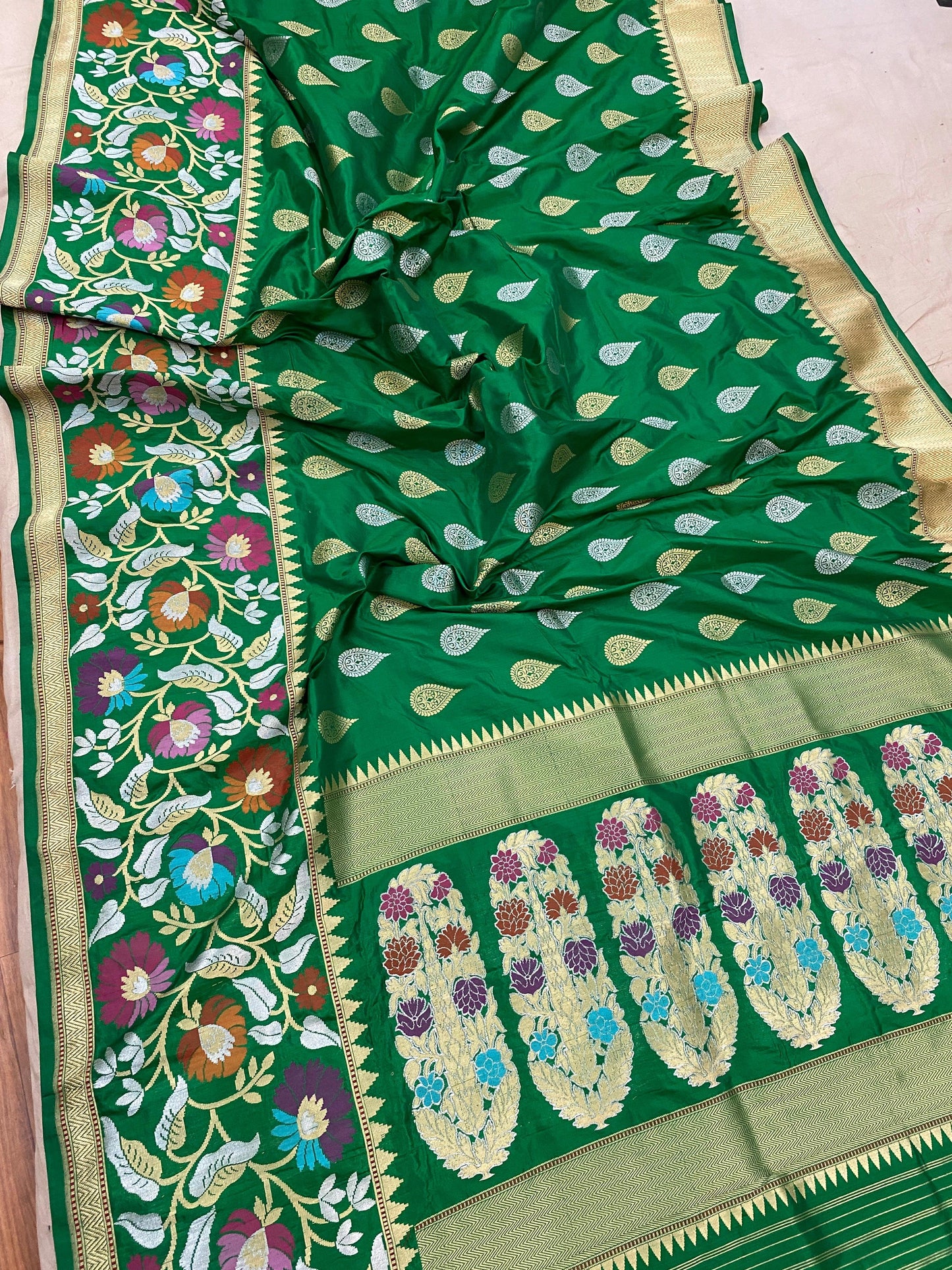 Bottle Green Pure Banarasi Katan Silk Handloom Saree by Shades Of Benares - banarasi - banarasi saree shop