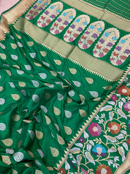 Bottle Green Pure Banarasi Katan Silk Handloom Saree by Shades Of Benares - banarasi - banarasi saree shop