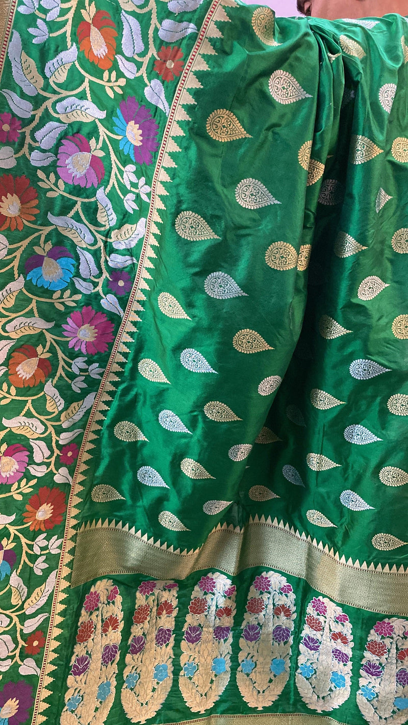 Bottle Green Pure Banarasi Katan Silk Handloom Saree by Shades Of Benares - banarasi - banarasi saree shop