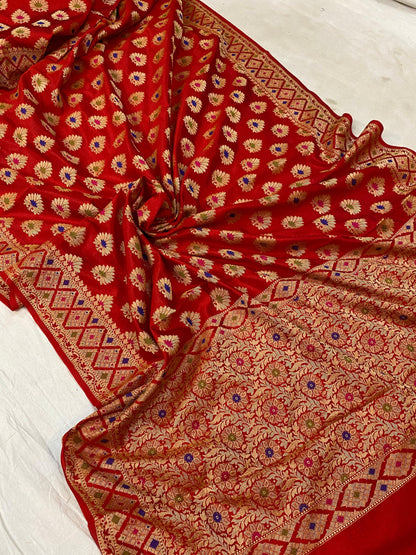 Red Banarasi Katan Soft Silk Handloom Saree by Shades Of Benares - banarasi - banarasi saree shop