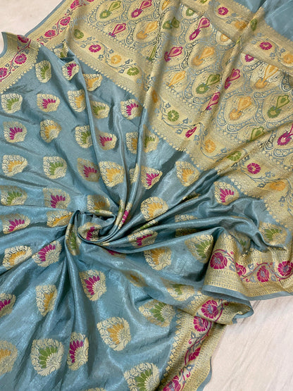 Grey Banarasi Katan Soft Silk Handloom Saree by Shades Of Benares - banarasi - banarasi saree shop