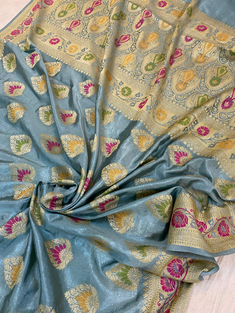 Grey Banarasi Katan Soft Silk Handloom Saree by Shades Of Benares - banarasi - banarasi saree shop