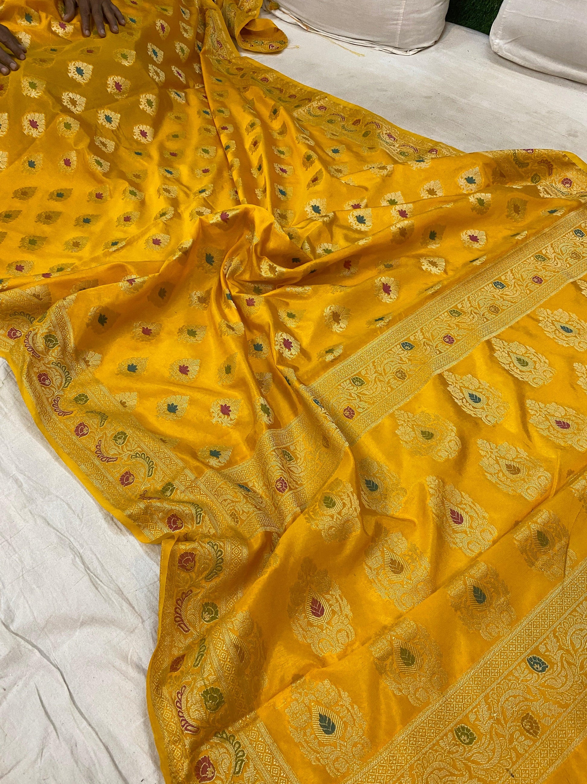 Yellow Banarasi Katan Soft Silk Handloom Saree by Shades Of Benares - banarasi - banarasi saree shop