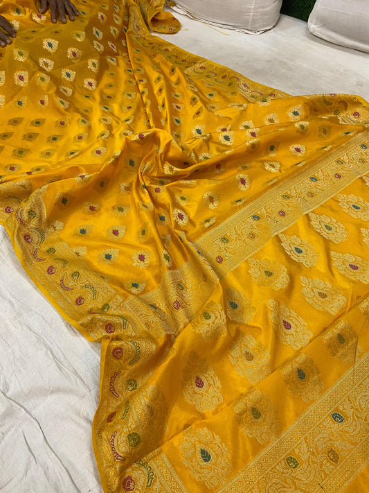 Yellow Banarasi Katan Soft Silk Handloom Saree by Shades Of Benares - banarasi - banarasi saree shop