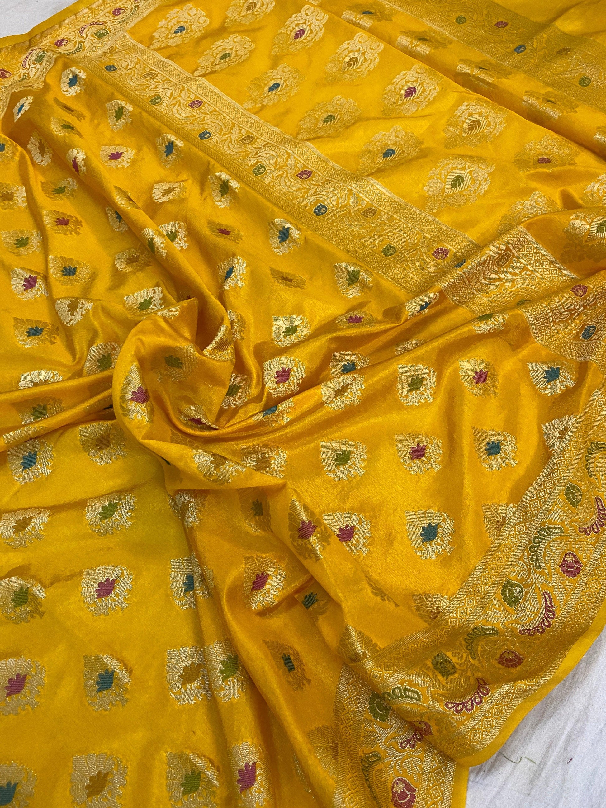 Yellow Banarasi Katan Soft Silk Handloom Saree by Shades Of Benares - banarasi - banarasi saree shop