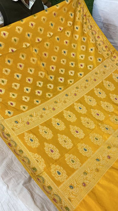 Yellow Banarasi Katan Soft Silk Handloom Saree by Shades Of Benares - banarasi - banarasi saree shop