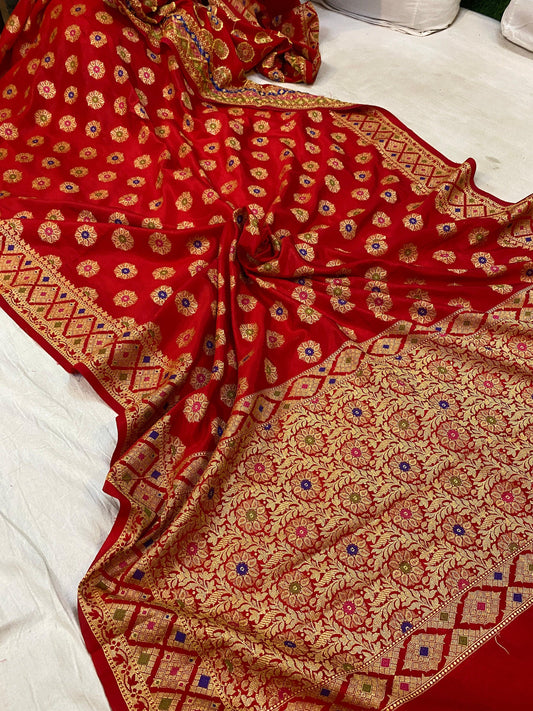 Red Banarasi Katan Soft Silk Handloom Saree by Shades Of Benares - banarasi - banarasi saree shop