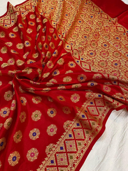 Red Banarasi Katan Soft Silk Handloom Saree by Shades Of Benares - banarasi - banarasi saree shop