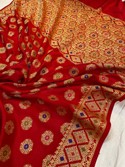 Red Banarasi Katan Soft Silk Handloom Saree by Shades Of Benares - banarasi - banarasi saree shop