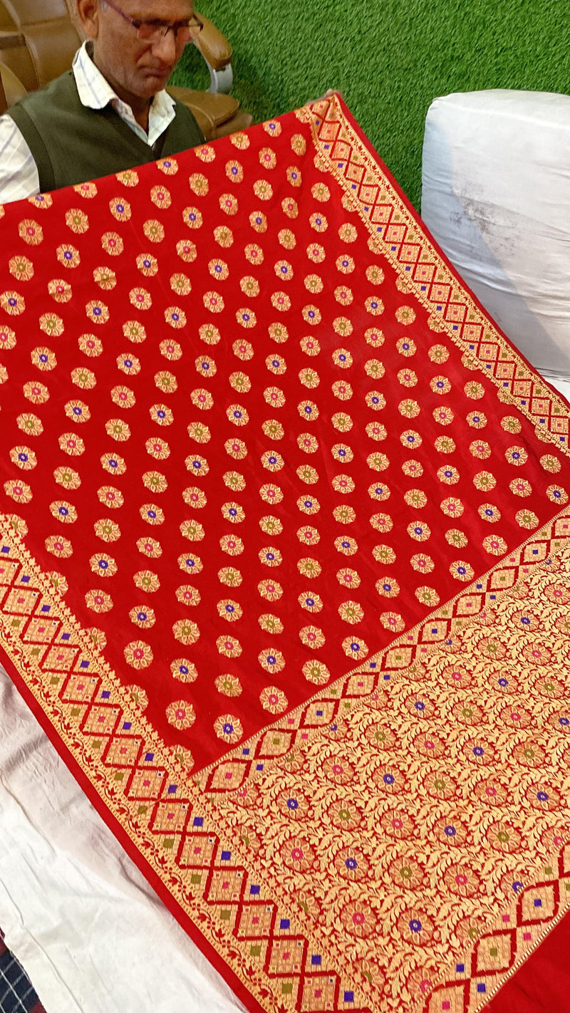 Red Banarasi Katan Soft Silk Handloom Saree by Shades Of Benares - banarasi - banarasi saree shop