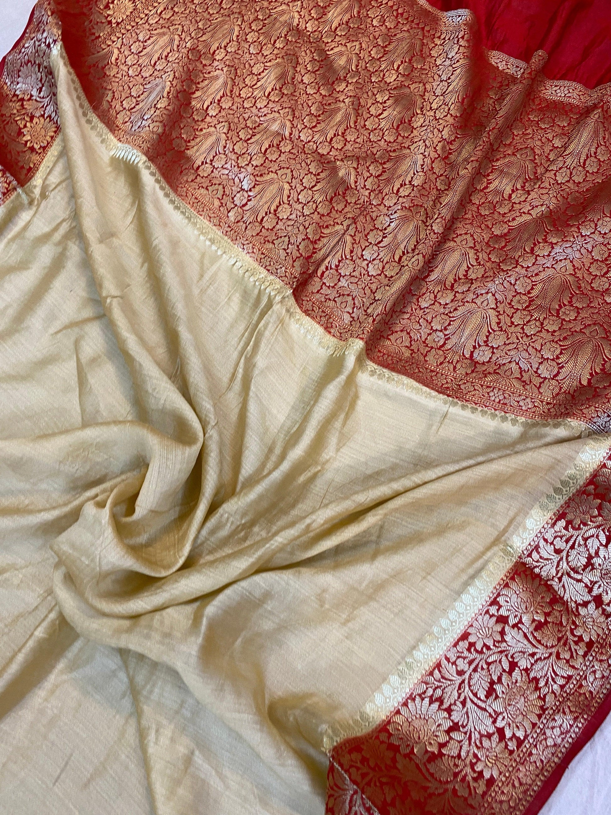 Creme Pure Banarasi Katan Silk Handloom Saree - Kadhwa Border & Pallu by Shades Of Benares - banarasi - banarasi saree shop