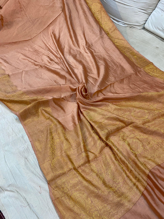 Peach Pure Banarasi Katan Silk Handloom Saree - Kadhwa Border & Pallu by Shades Of Benares - banarasi - banarasi saree shop