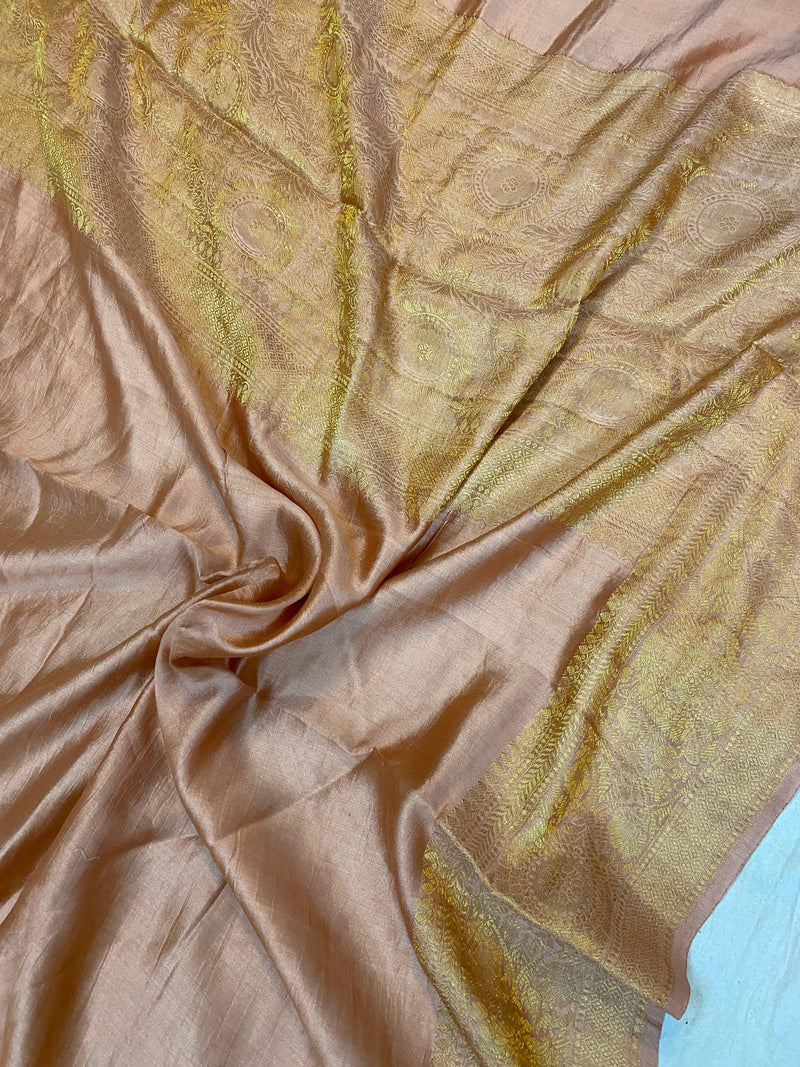 Peach Pure Banarasi Katan Silk Handloom Saree - Kadhwa Border & Pallu - Shades Of Benares