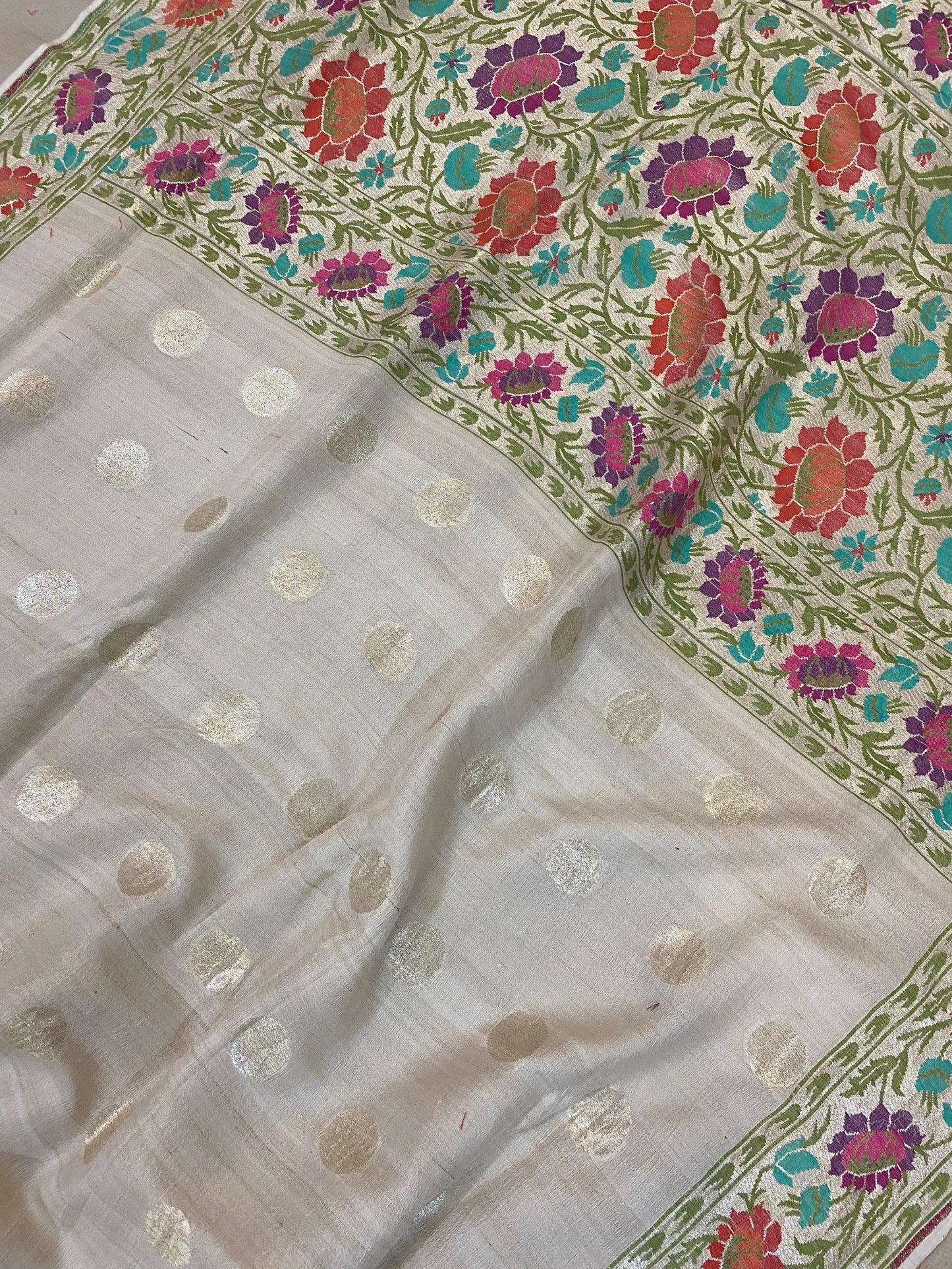 Off White Pure Banarasi Tussar Silk Handloom Khaddi Saree by Shades Of Benares - banarasi - banarasi saree shop