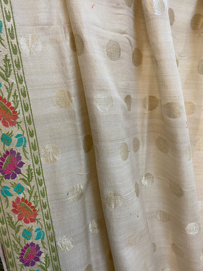 Off White Pure Banarasi Tussar Silk Handloom Khaddi Saree by Shades Of Benares - banarasi - banarasi saree shop