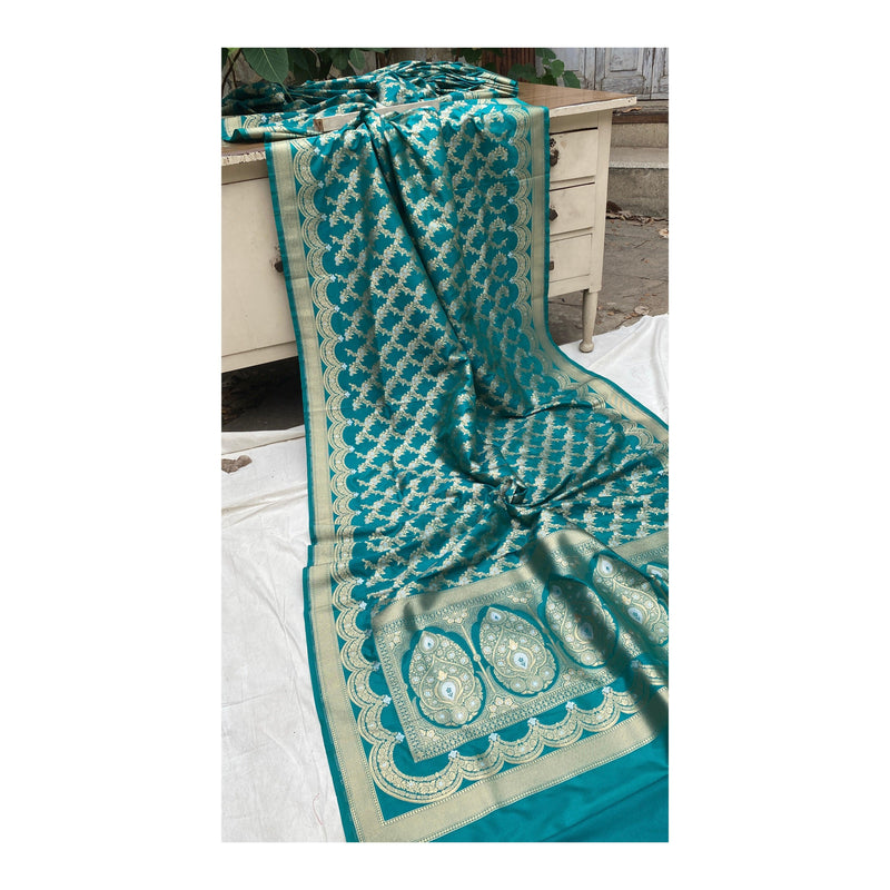 Aquamarine Handwoven Banarasi Katan Silk Sari by Shades Of Benares - banarasi - banarasi saree shop