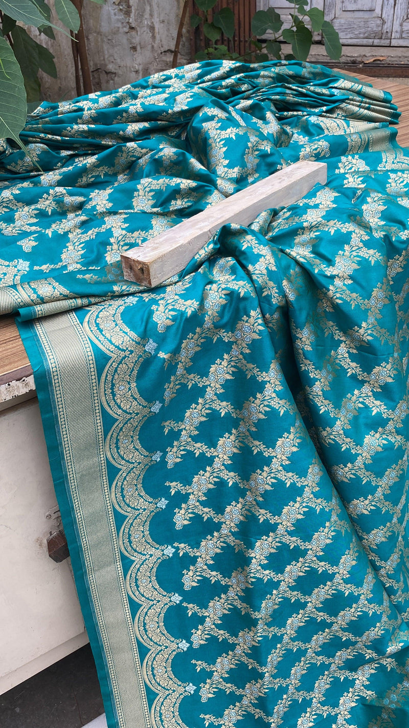 Aquamarine Handwoven Banarasi Katan Silk Sari by Shades Of Benares - banarasi - banarasi saree shop