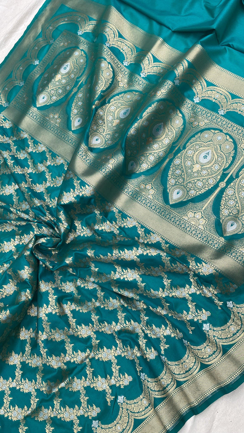 Aquamarine Handwoven Banarasi Katan Silk Sari by Shades Of Benares - banarasi - banarasi saree shop