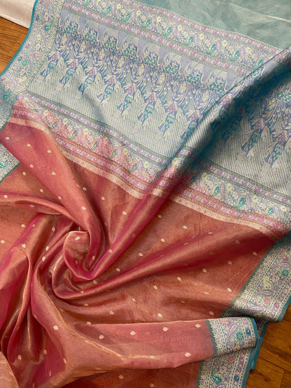 Baby Pink & Blue Pure Banarasi Tissue Silk Handloom Saree by Shades Of Benares - banarasi - banarasi saree shop