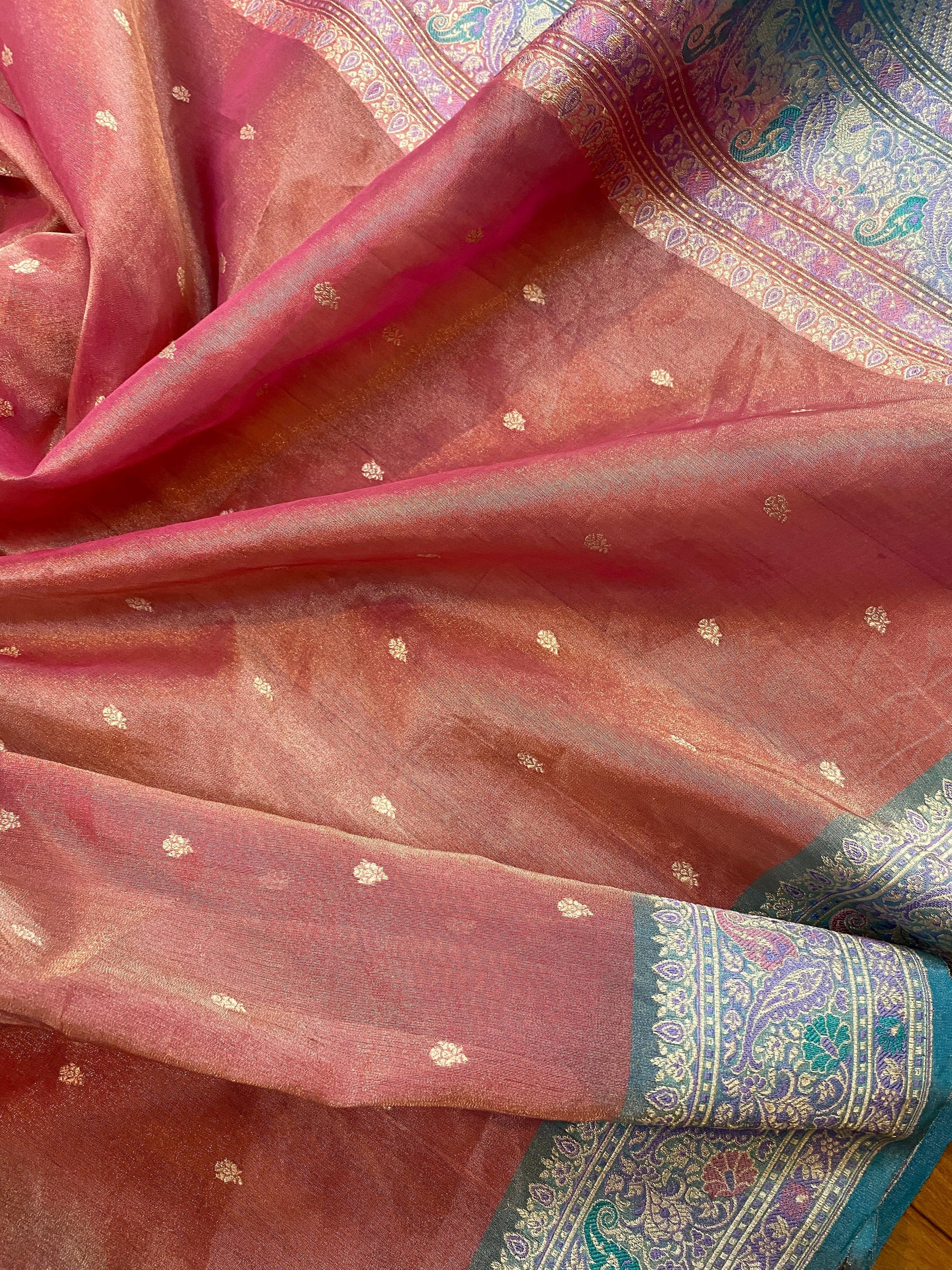 Baby Pink & Blue Pure Banarasi Tissue Silk Handloom Saree by Shades Of Benares - banarasi - banarasi saree shop