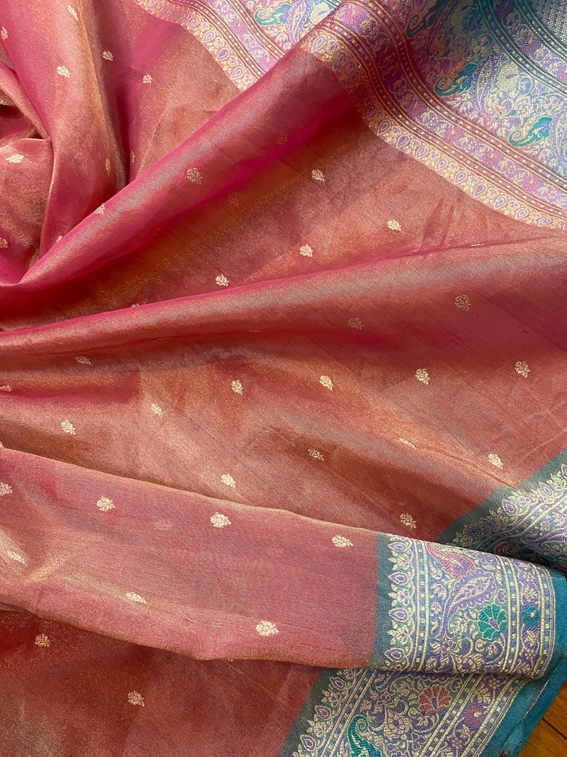 Baby Pink & Blue Pure Banarasi Tissue Silk Handloom Saree - Shades Of Benares