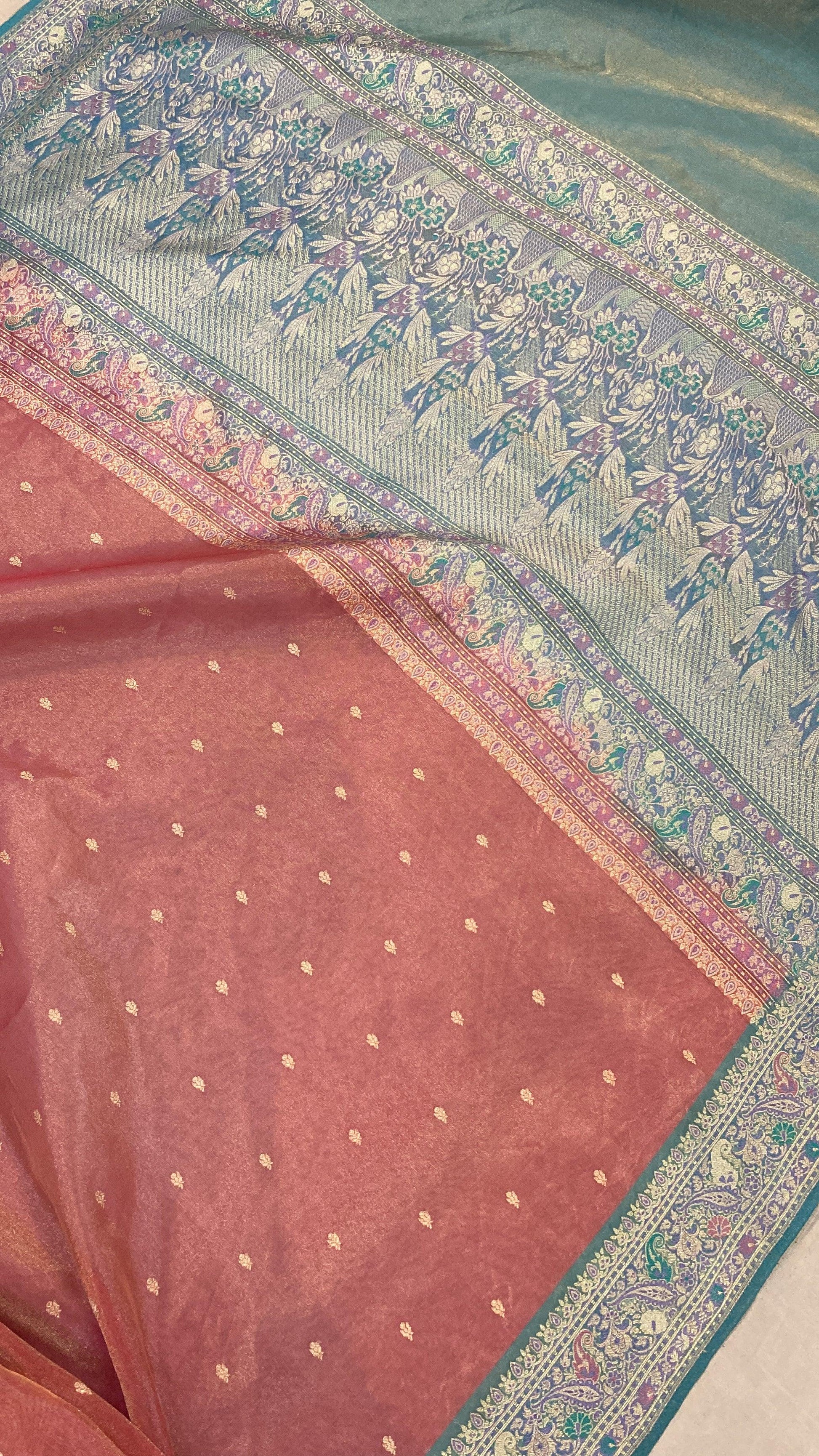 Baby Pink & Blue Pure Banarasi Tissue Silk Handloom Saree by Shades Of Benares - banarasi - banarasi saree shop