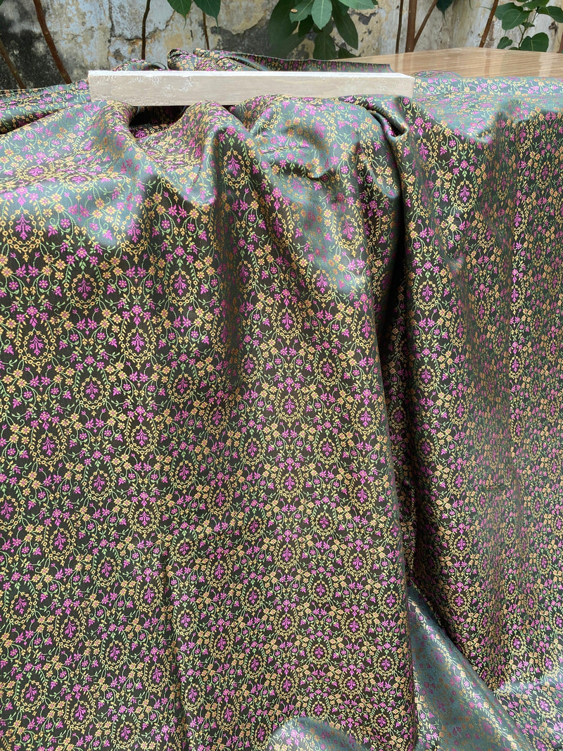 Black Handloom Pure Katan Silk Brocade Banarasi Fabric - Shades Of Benares