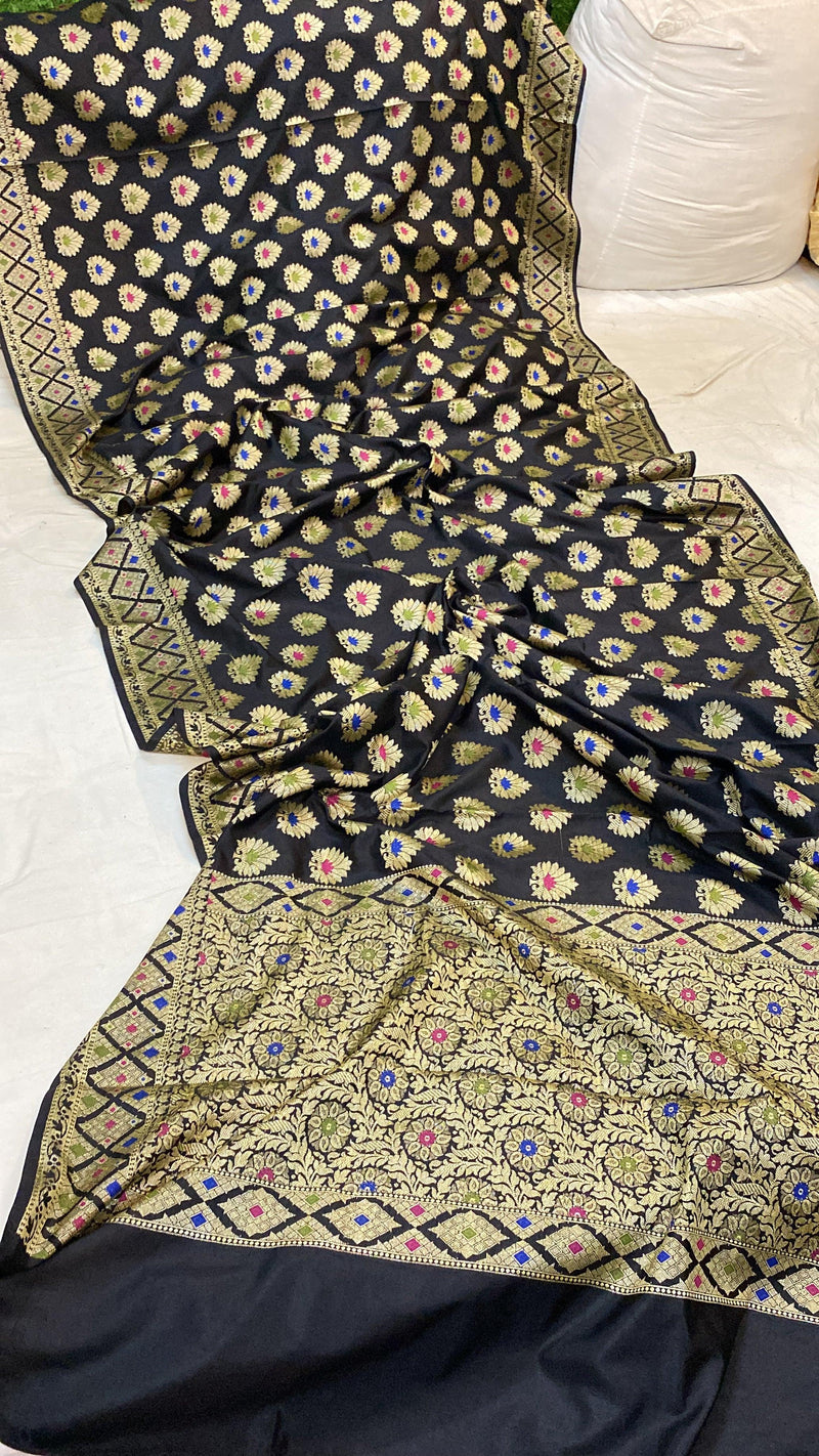 Black Katan Soft Silk Handloom Banarasi Saree - Shades Of Benares