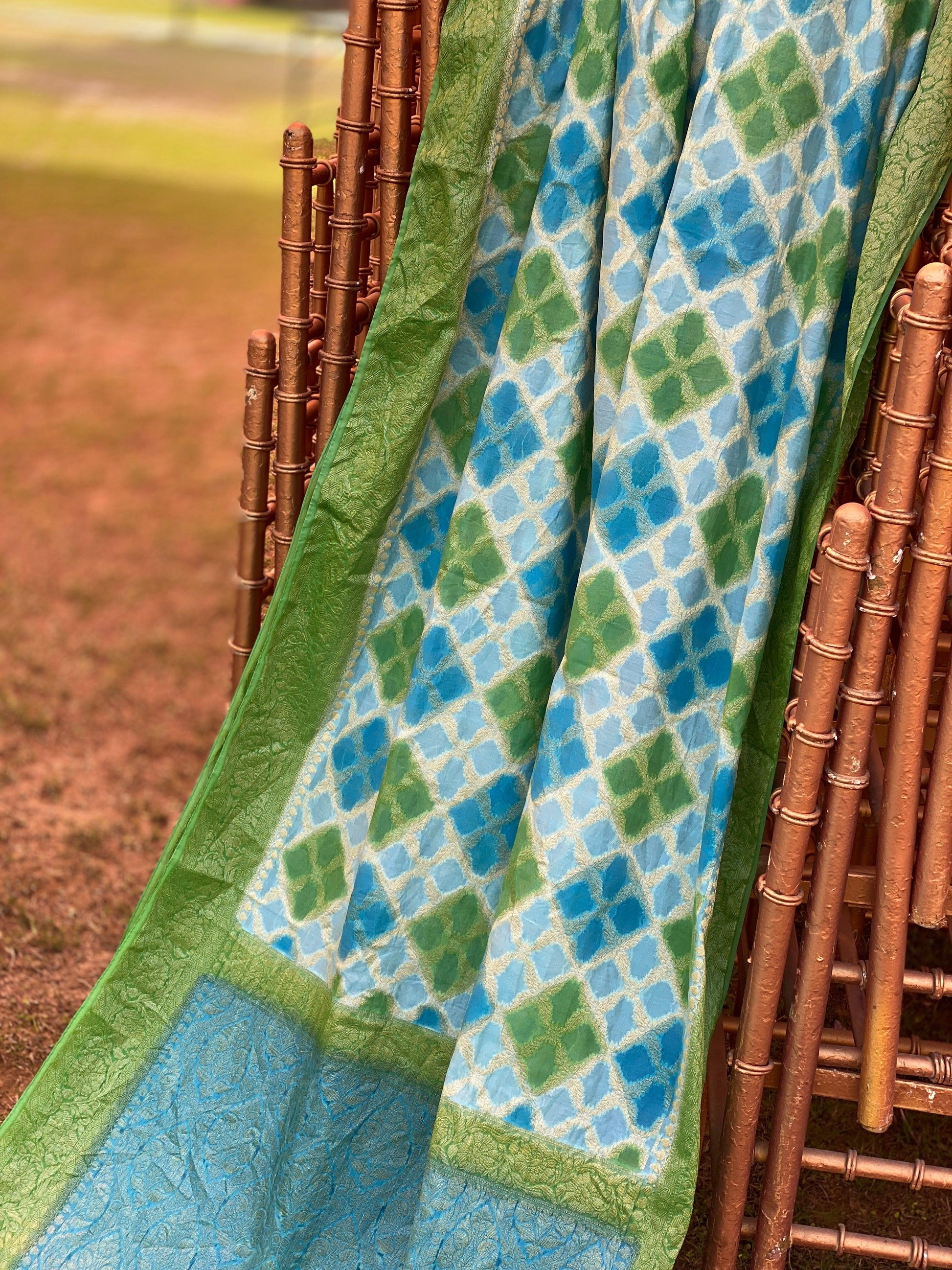 Blue & Green Pure Banarasi Khaddi Georgette Handloom Leheriya Saree by Shades Of Benares - banarasi - banarasi saree shop