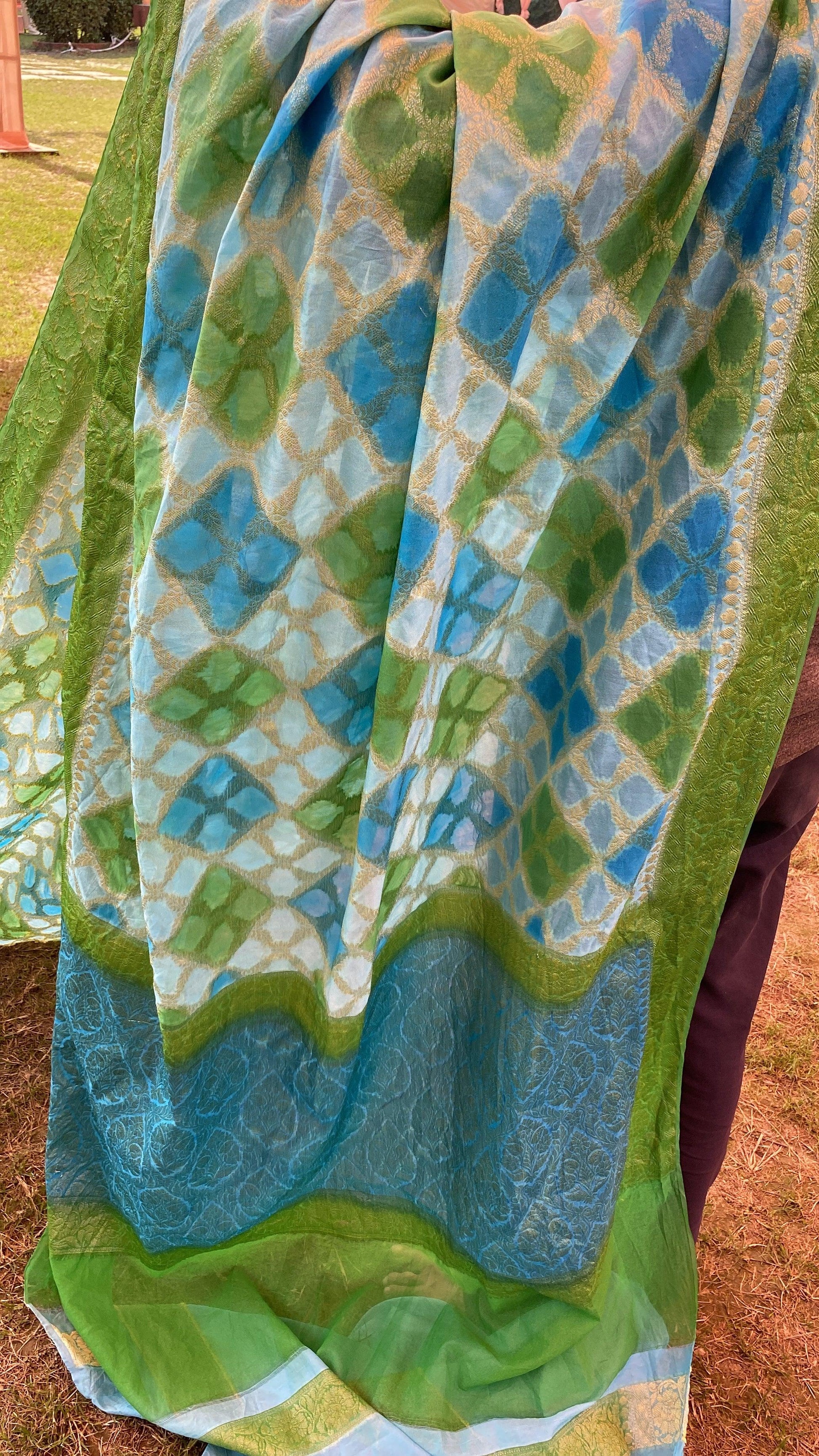 Blue & Green Pure Banarasi Khaddi Georgette Handloom Leheriya Saree by Shades Of Benares - banarasi - banarasi saree shop