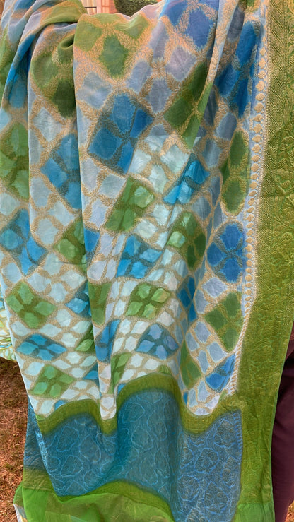 Blue & Green Pure Banarasi Khaddi Georgette Handloom Leheriya Saree by Shades Of Benares - banarasi - banarasi saree shop