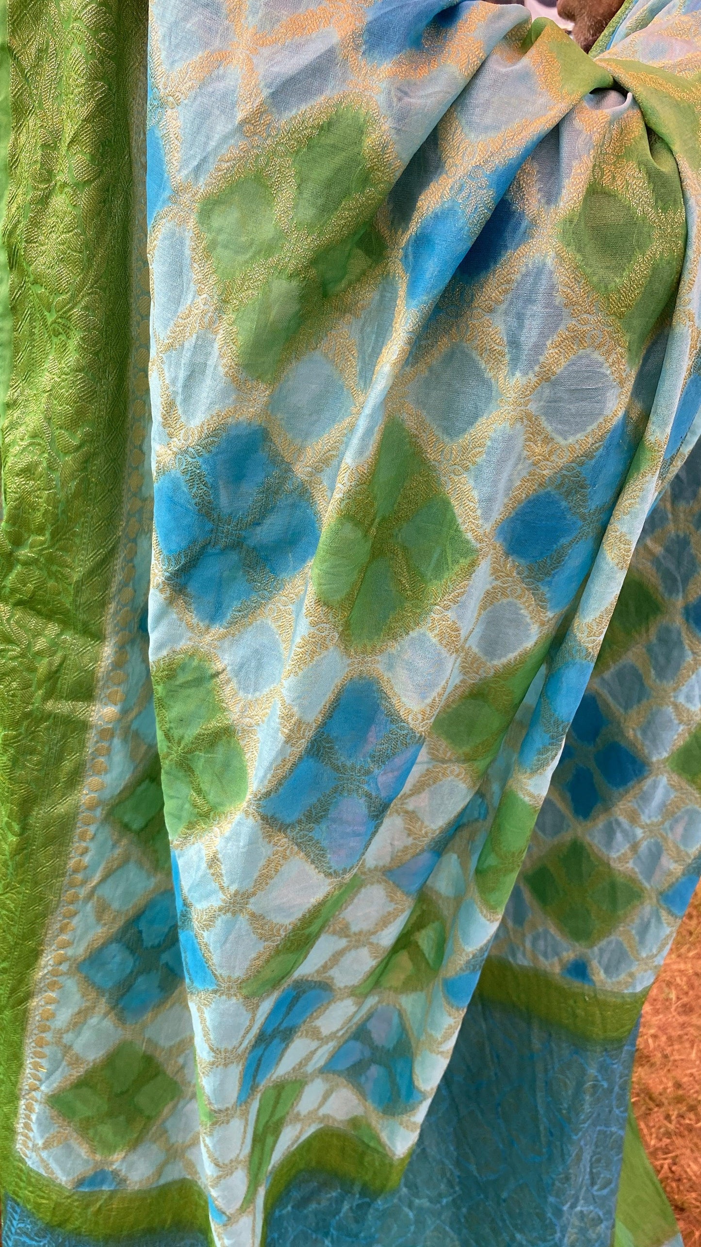 Blue & Green Pure Banarasi Khaddi Georgette Handloom Leheriya Saree by Shades Of Benares - banarasi - banarasi saree shop